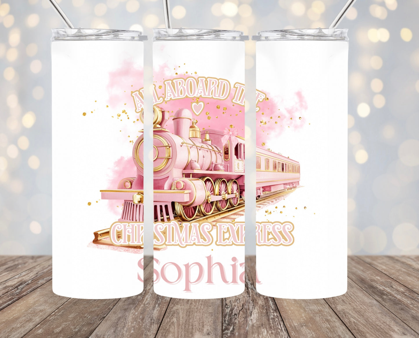 Pink Christmas express train tumbler